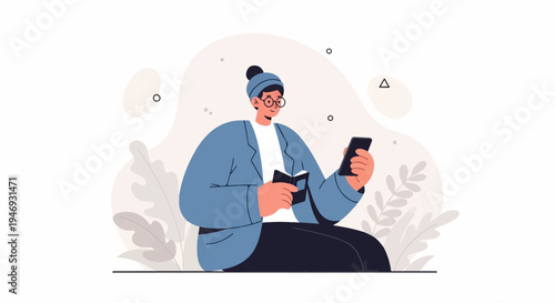 Person with glasses and hat, holding a book and phone, surrounded by abstract shapes and leaves