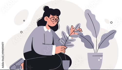 Person tending to potted plants, with leaves and circles in background