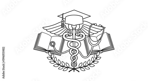A detailed emblem combining medical and academic symbols, featuring a Caduceus, stethoscope, open books, graduation cap, and a laurel wreath, representing medical education.