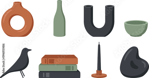 Scandinavian decorative ceramic objects with donut vase slender vessel U-shaped candle holder wooden bird figurine tapered candle stone sculpture in terracotta sage green charcoal for Nordic home desi