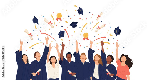 A diverse group of students in graduation robes joyfully throw their caps and diplomas into the air, celebrating their academic achievements amidst confetti and ribbons.