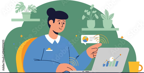 Person working on laptop with charts and plants, cup nearby