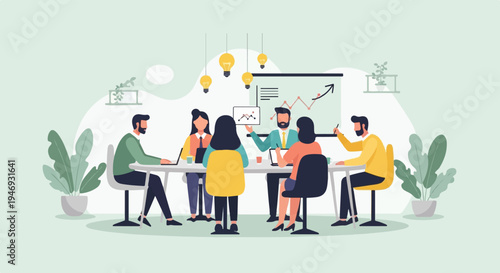 Diverse team collaborating around a table with a whiteboard presentation and ideas