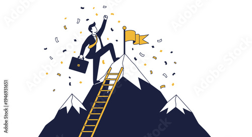 A determined businessman in a suit stands victoriously atop a snowy mountain peak, holding a briefcase and raising an arm, with a flag and confetti celebrating his ultimate success.