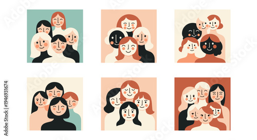 Set of six illustrations showing diverse groups of smiling women symbolizing friendship unity and female empowerment together.
