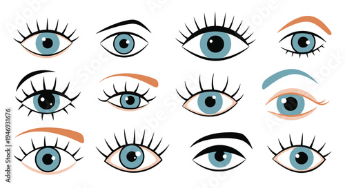 Collection of twelve cartoon female eyes with different shapes long lashes and colorful eyebrows on a clean white background.