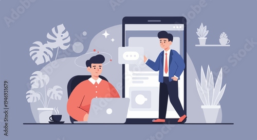 Two businessmen interact with a smartphone screen, one with a laptop