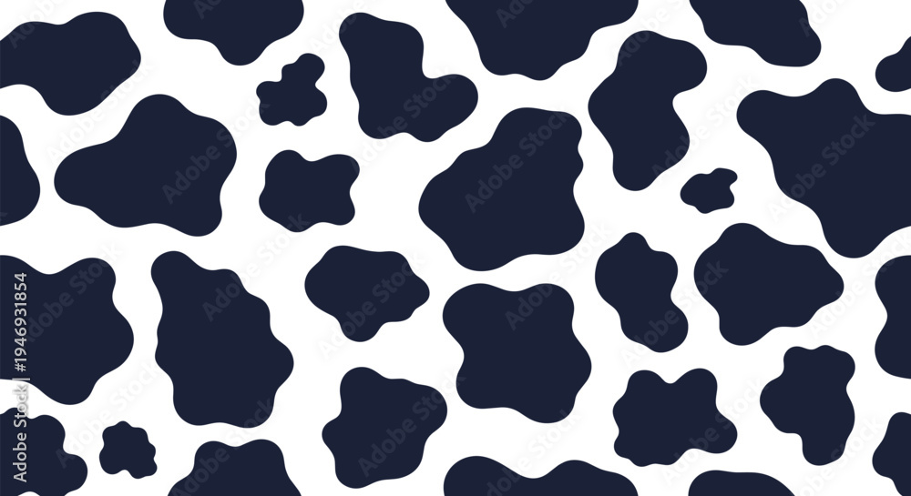 Fototapeta premium Classic black and white cow print seamless pattern with large organic spots for a fun farm animal-themed background design.