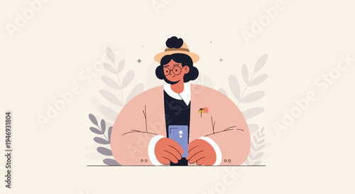 A person wearing a hat and glasses, holding a phone, with a blush jacket and floral background