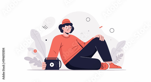 A person in casual wear sits relaxed amidst abstract shapes and stylized foliage, holding a black device with a play icon