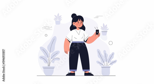 A stylized woman with dark hair in a bun holds a smartphone and poses with houseplants