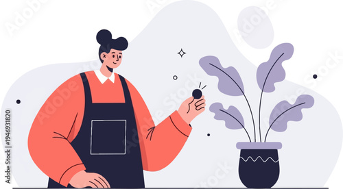 Person in an apron holds a small dark object near a potted plant with purple leaves