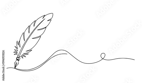 One continuous line drawing quill pen writing line minimalist vector illustration