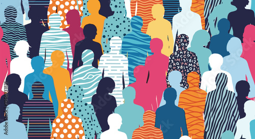 Seamless pattern of a diverse crowd of people represented by colorful silhouettes with various abstract patterns and textures.