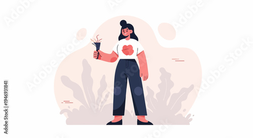 A person with dark hair in a bun holds a small dark cone with wisps of color, wearing a white shirt with a flower