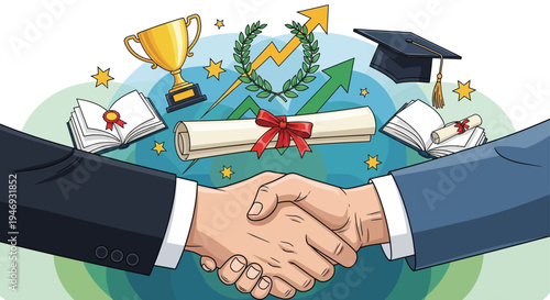 This vibrant illustration depicts a professional handshake signifying collaboration and success against a backdrop of educational achievements and triumphant career milestones and growth.