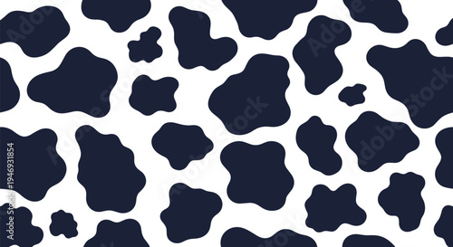 Classic black and white cow print seamless pattern with large organic spots for a fun farm animal-themed background design.
