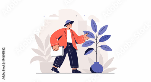 Stylized person in orange jacket and blue hat tends to a potted plant with blue leaves