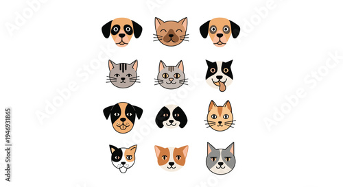A cute collection of twelve cartoon cat and dog faces with various breeds and expressions illustrated in a simple doodle style.
