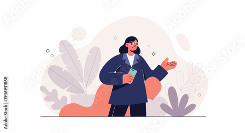 Confident woman in suit holding phone and gesturing, surrounded by abstract shapes and foliage