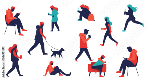 Set of stylized modern people in silhouette with colorful clothing engaged in everyday activities like walking and using phones.