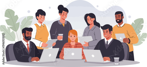 Diverse team collaborating at workstations with laptops and tablets, surrounded by modern office elements