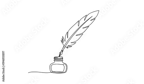 Minimal continuous line art quill pen and ink bottle writing vector illustration