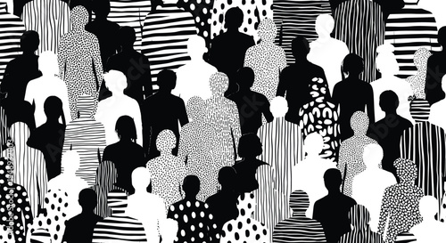 Seamless pattern of a diverse crowd of people in black and white silhouettes with various hand-drawn patterns and textures.