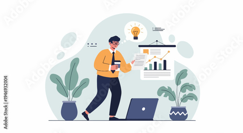 Animated man in office attire with coffee, analyzing chart