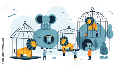 A surreal illustration of a zoo where tiny people are looking at giant lions and elephants displayed inside bird cages.