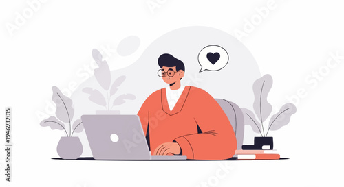 Man with glasses at laptop with heart bubble and plants