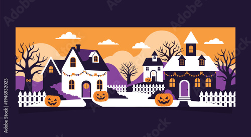 Spooky Halloween village scene at dusk with haunted houses jack-o-lanterns and bare trees under an orange and purple sky.