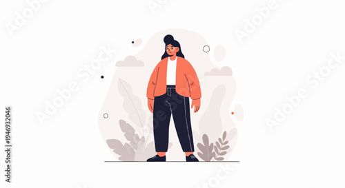 Stylized illustration of a person wearing glasses, orange jacket, and dark pants, with abstract background elements