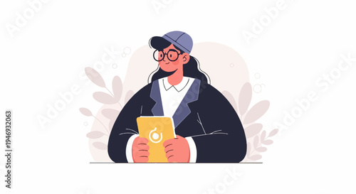 Stylized woman in cap and glasses holds yellow tablet, wears dark jacket and white collar shirt