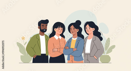 Diverse group of people in business attire standing together with plants