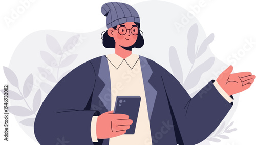 Illustration of a stylish person in a beanie and jacket holding a phone, with decorative plant elements