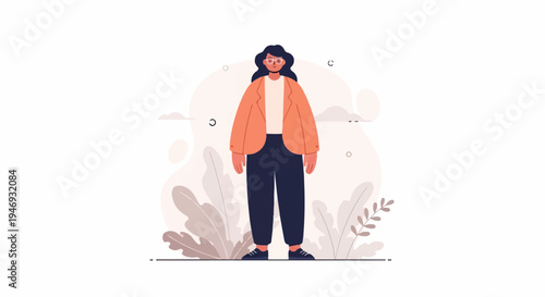 Stylized woman in orange jacket and dark trousers, standing amidst abstract foliage