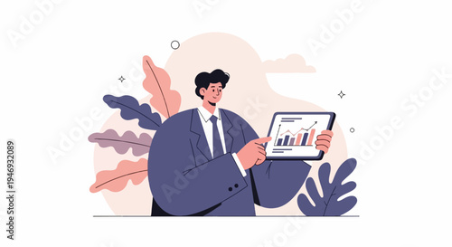 Professional pointing at tablet showing rising business graph