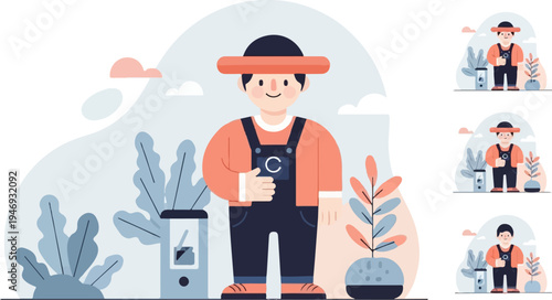 A cheerful person in a hat and overalls stands among stylized plants