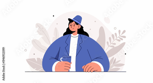 A person wearing a hat and jacket holds a cup with a backdrop of leaves