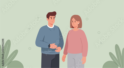 Two figures, a man and a woman, stand and converse on a light green background with abstract shapes and foliage