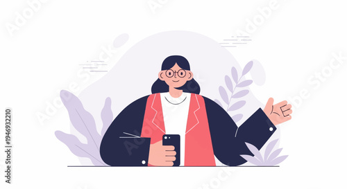 A person wearing glasses and a blazer holds a phone, with plants in the background