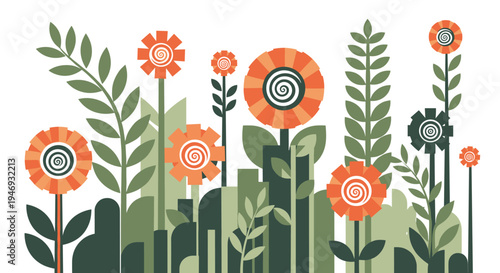A stylized garden of geometric flowers with spiral centers and lush green foliage in a modern flat design illustration style.