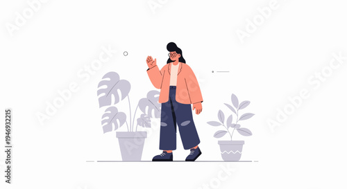 Flat illustration of a person waving hello among potted plants