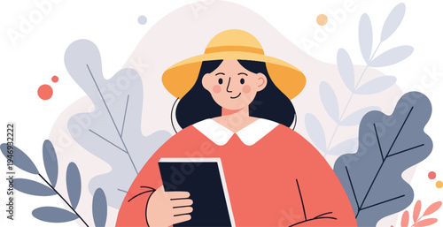 Illustrated woman wearing a sun hat and coral dress holding a book amidst abstract foliage