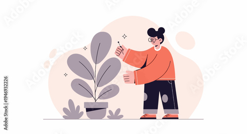 A person with glasses tends to a large plant with dark leaves in a pot