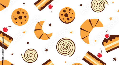 Seamless pattern of delicious bakery items including croissants cookies cakes and pastries scattered with stars on a white background.