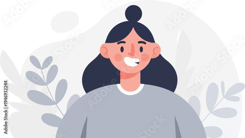 A cartoon portrait of a person with dark hair styled in a bun and light grey clothing, surrounded by abstract leaf shapes