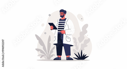 Scientist in lab coat looking at tablet amidst abstract plants