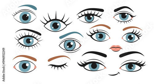 A diverse collection of cartoon female eyes and eyebrows expressing various emotions with long eyelashes and beautiful blue irises.